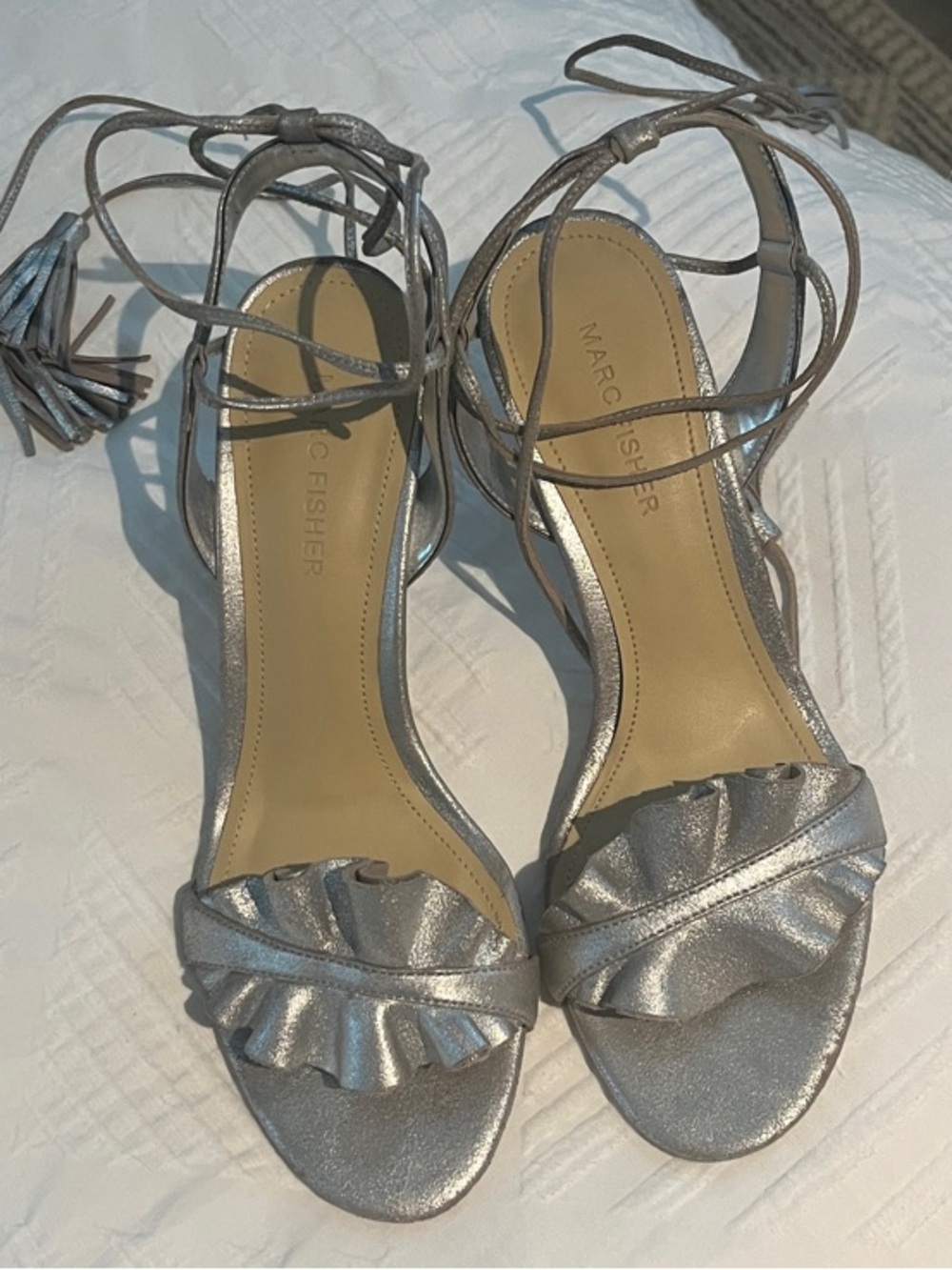 Marc Fisher Metallic Silver Ruffle Ankle-Tie Sandals